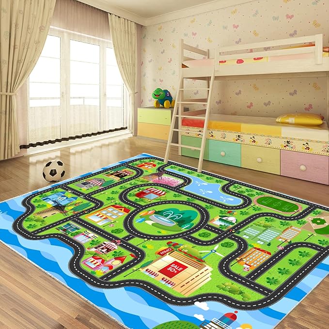 Car Rug,Kids Play Rug with Roads,Playroom Toy Car Rug, Car Track Rug City Map for Bedroom Classroom - (59X39.4 Inches)
