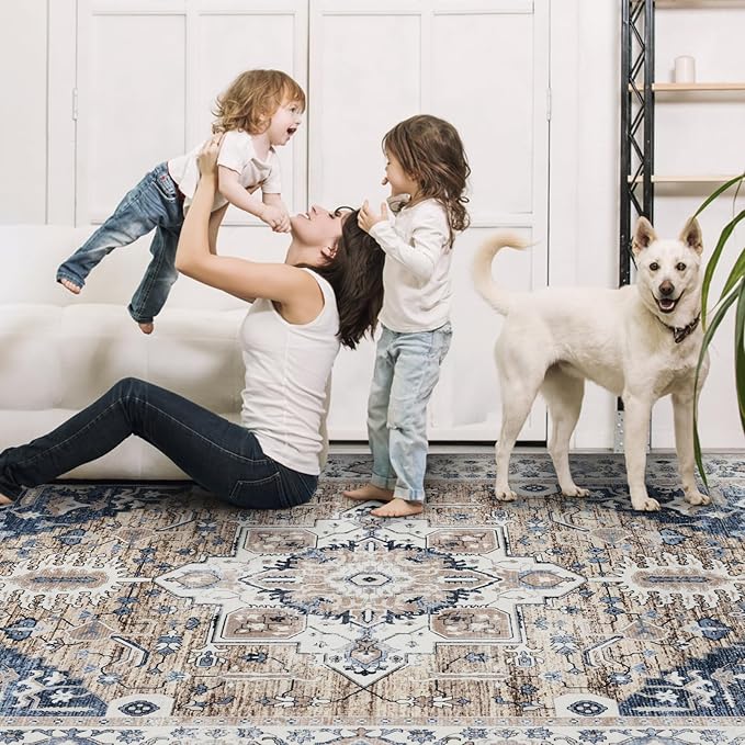 Washable 6x9 Area Rug for Living Room, Carpet for Bedroom Dining Room, Non Slip&Non-Shedding Resistant Low Pile Vintage Print Rug for Home Office (Taupe/Blue)