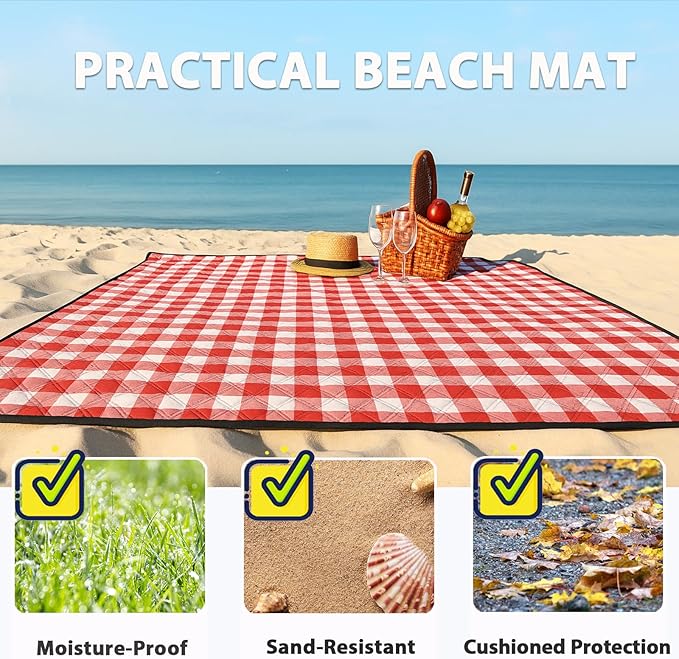 TigeJoy Extra Large Picnic Blanket Waterproof Foldable 80''x118'', Outdoor Picnic Mat Beach Blanket Sandproof for Park, Grass, Travel, Hiking, Camping Essentials, Gingham Picnic Blanket