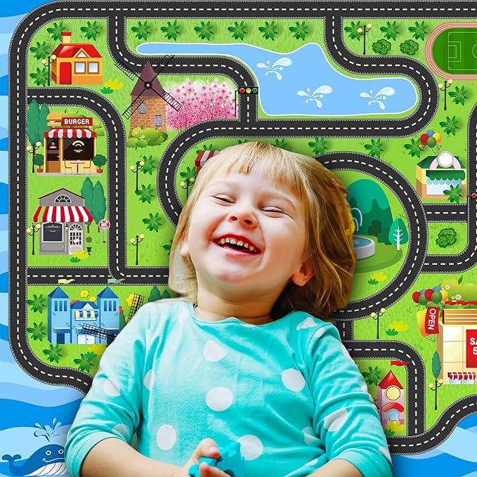 Car Rug,Kids Play Rug with Roads,Playroom Toy Car Rug, Car Track Rug City Map for Bedroom Classroom - (59X39.4 Inches)