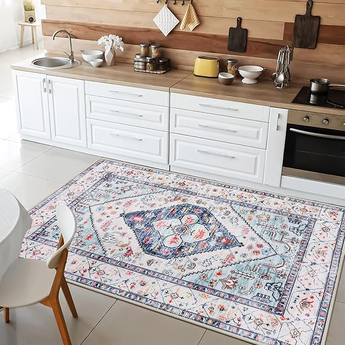 Lahome Boho Round Rug - 9Ft Washable Area Rug, Non-Slip Small Bathroom Rug, Lightweight Bedroom Throw, Oriental Distressed Print Carpet for Entryway, Sofa, Nursery, Kids Room