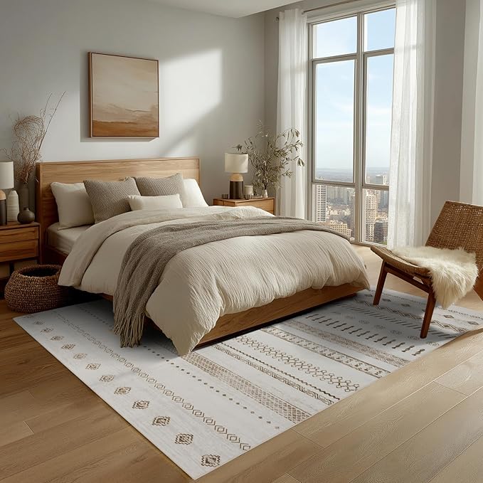 Washable Rugs 5x7 Area Rugs for Living Room, Thin Carpet for Bedroom, Boho Soft Faux Wool Retro Dining Room Rug，Non Slip&Non-Shedding Resistant Low Pile Vintage Print Rug for Home Office (Beige)