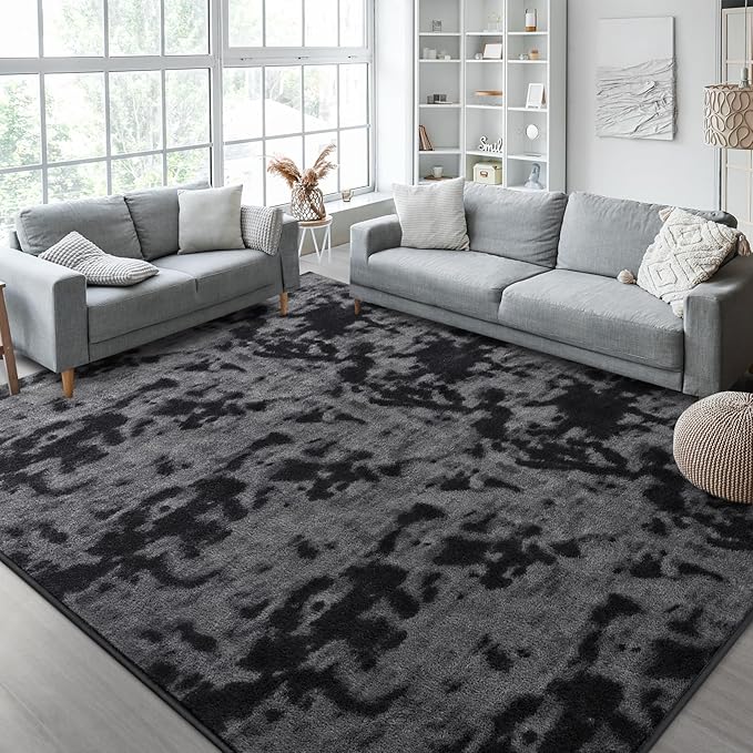 Kimicole 7x10 Washable Area Rugs for Living Room Bedroom, Large Low Pile Ulta-Thin Solid Color Rug, Non-Slip Soft Fluffy Carpet for Nursery Kids Room Dorm Room Home Decor (Dark Grey)