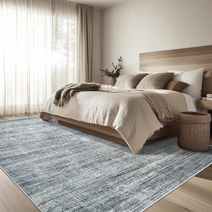 8x10 Area Rug Living Room Rugs - Washable Rug Large Modern Abstract Soft Thin Carpets Indoor Floor No Slip Vintage Carpet for Bedroom Under Dining Table Nursery Home Office Decor Gray Blue