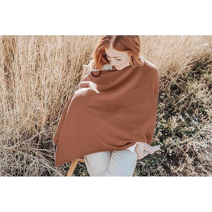 Konssy Muslin Nursing Cover for Breastfeeding, 360° Full Privacy Breathable 100% Cotton Breastfeeding Cover, Multi-use Carseat Canopy(Chestnut)
