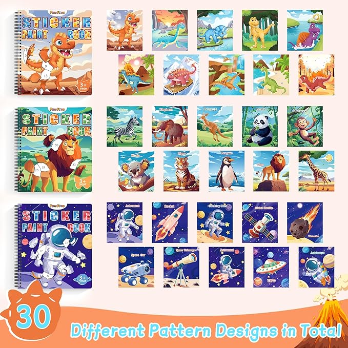 PERRYHOME 3PCS Sticker by Number Paint Books for Kids Ages 4-8, Dinosaur Animal Space Themes Sticker Activity Books, Boys Crafts Party Birthday Christmas Gifts Toys