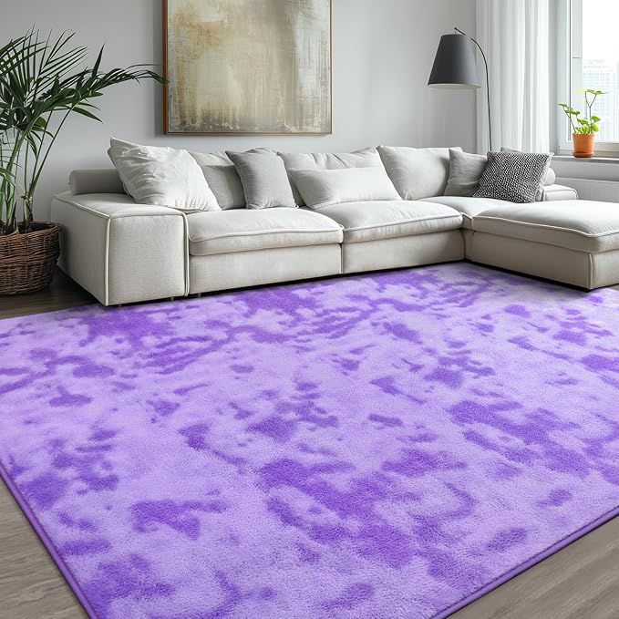 Kimicole 7x10 Washable Area Rugs for Living Room Bedroom, Large Low Pile Ulta-Thin Solid Color Rug, Non-Slip Soft Fluffy Carpet for Nursery Kids Room Dorm Room Home Decor (Purple)