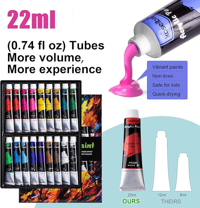 koseibal Acrylic Paint Set for Kids, Art Painting Supplies Kit with 18 Paints, 5 Canvas Panels, 8 Brushes, Table Easel, Etc, Premium Paint Set for Students, Artists and Beginner.
