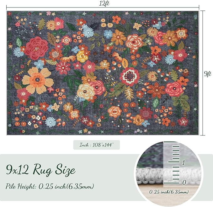 9x12 Area Rug for Living Room: Vintage Floral Washable Rug Soft Boho Non Slip Carpet Large Indoor Floor Non Shedding Low Pile Thin Carpets for Bedroom Dining Room Farmhouse Nursery Home Office Black
