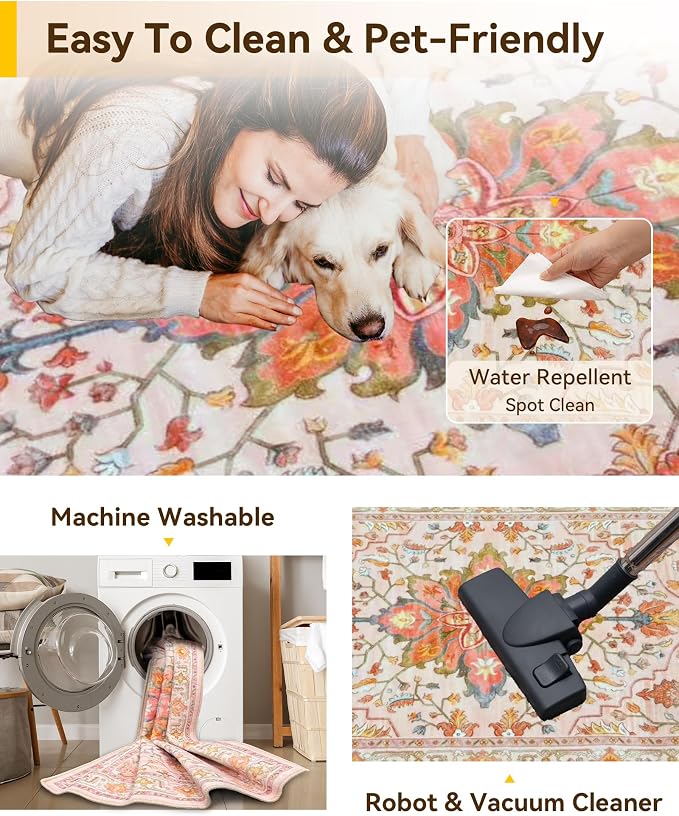RELEANY Area Rugs 4'x6' Washable Non-Slip, Floral Vintage Distress Print - Image 5