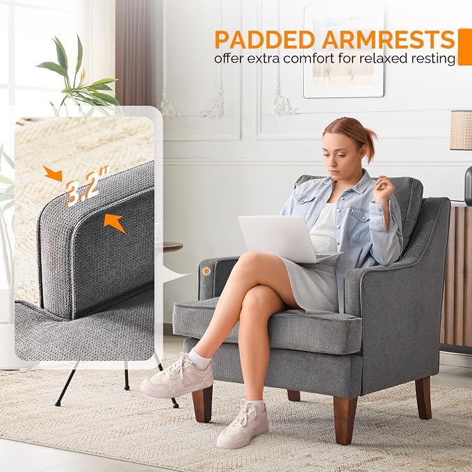 VINGLI Mid-Century Modern Accent Chair, Light Grey Upholstered Armchair Comfy - Image 6