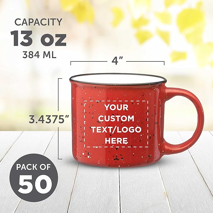 DISCOUNT PROMOS Custom Ceramic Campfire Coffee Mugs 13 oz. Set of 50, Personalized Bulk Pack - Perfect for Tea, Espresso, Cappuccino, Hot Cocoa - Red