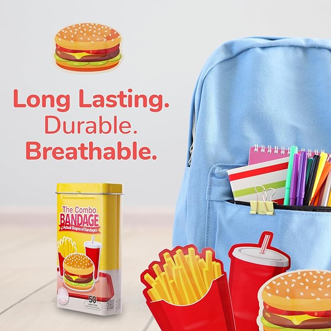 BioSwiss Bandages, Combo Meal Shaped Self Adhesive Bandage, Latex Free Sterile Wound Care, Fun First Aid Kit Supplies for Kids, 50 Count