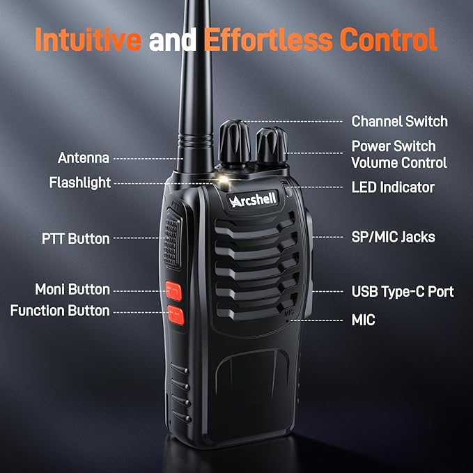 Rechargeable Long Range Two-Way Radios with Earpiece 2 Pack Arcshell AR-5 Walkie Talkies Li-ion Battery and Charger Included