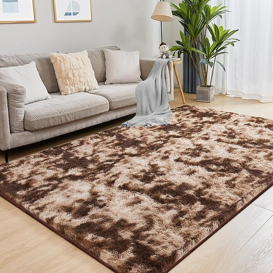 Fluffy Shag Area Rug, 3x5 Tie-Dyed Brown Rugs for Bedroom, Soft Plush Area Rugs for Living Room, Non-Slip Indoor Carpet for Nursery, Study Room, Dressing Room, Home Decor