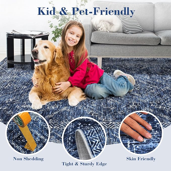 COZYLOOM Washable Runner Rug 2x6 Vintage Non Slip Low Pile Rug Soft Throw Floor Cover Geometric Tribal Foldable Indoor Carpet for Living Room Bedroom Playroom Nursery, Blue