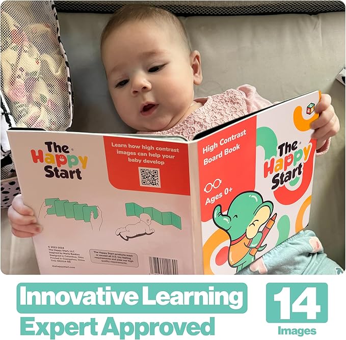 Happy Start Award-Winning High Contrast Board Book - Newborn Black & White Baby Cards, Easy to Clean, Hospital Approved, Stands on Its Own, Tummy Time Toy, Ages 0+ (English)