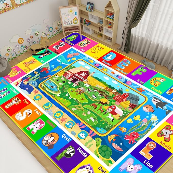 Kids Rug for Playroom, Farm Play Mat, Sea Animal Alphabet ABC Educational Rug, Floor Play Mat Carpet for Bedroom Preschool Classroom (78.7X59 INCH, Farm)