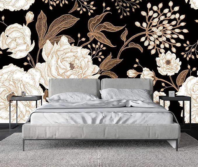 Vintage White Rose Floral Wallpaper Peony Wall Mural Large Black Background Wall Decor for Living Room Bedroom Dining Room Basement(Not Self-Adhesive)