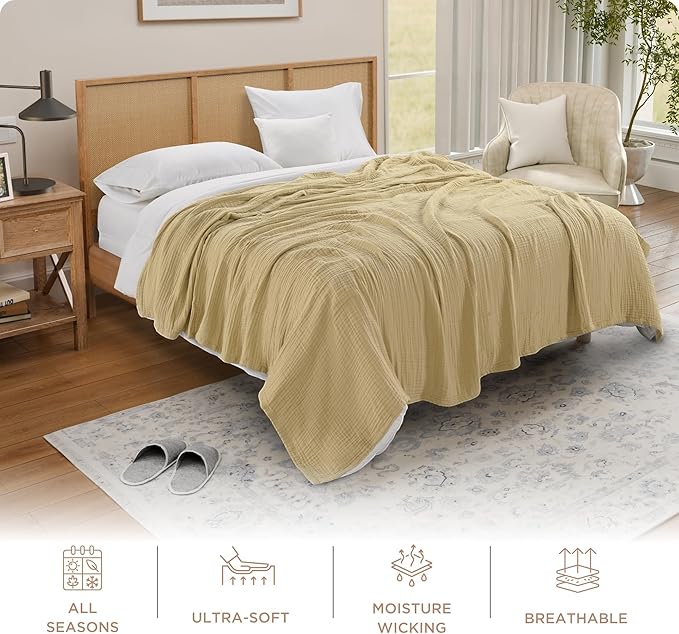 Threadmill Summer Muslin Twin Blanket | 4-Layer Gauze for Couch or Bed | Cozy All-Season Lightweight | 100% Cotton Ideal for Bed| Blanket