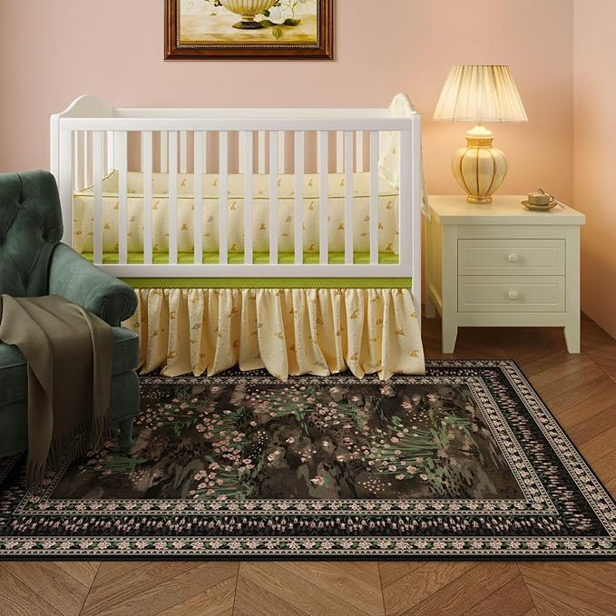 4x6 Rug for Bedroom Impressionist-Style Vintage Washable Rugs Non Slip Low Pile Small Carpet for Bedside Kids Room Office Dining Room, Black