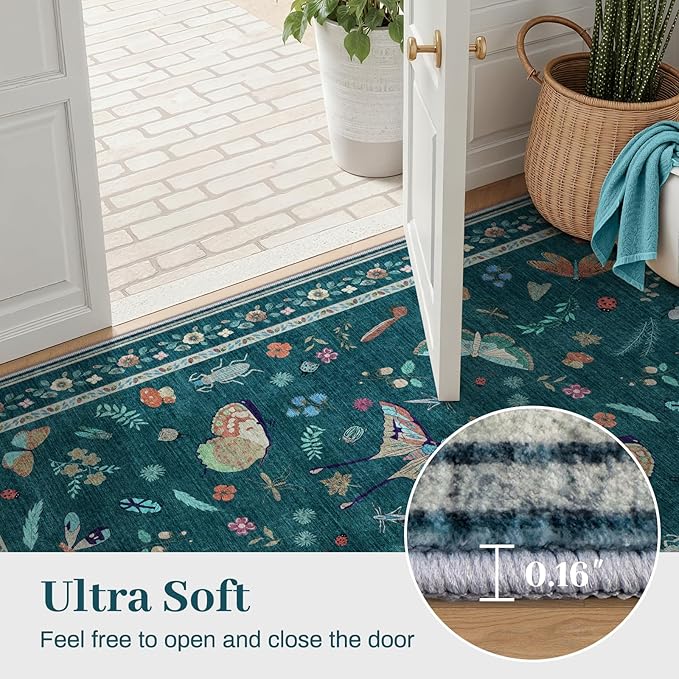 8x10 Area Rugs with Insect Print - Bug Rug Non-Shedding Stain Resistant Soft Carpet for Bedroom, Low Pile Ultra-Thin Machine Washable Carpet for Dining Room, Kids Nursery, Office (8'x10' Teal)