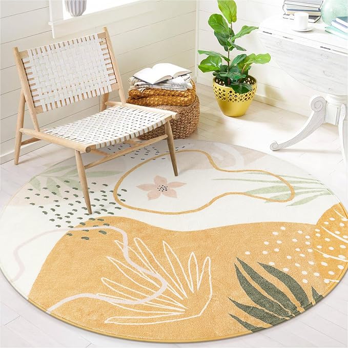 Lahome Boho Round Area Rug 4Ft - Washable Non-Slip Kitchen Rug, Bedroom Carpet, Ultra-Thin Soft Cute Nursery Kids Room Rug, Botanical Print for Dorm Bathroom Classroom Entryway
