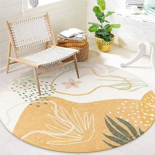 Lahome Boho Round Area Rug 4Ft - Washable Non-Slip Kitchen Rug, Bedroom Carpet, Ultra-Thin Soft Cute Nursery Kids Room Rug, Botanical Print for Dorm Bathroom Classroom Entryway