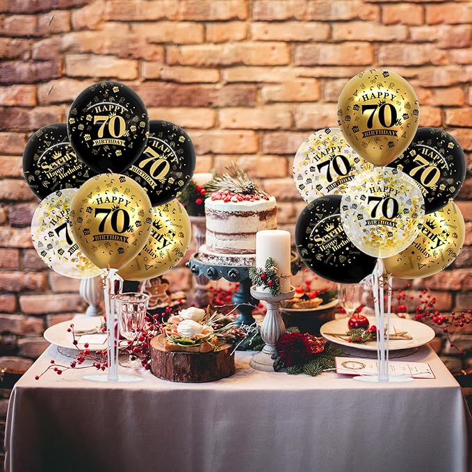 TONIFUL 4 Set Black Gold Balloon Stand Kit for Birthday Decorations for 70th,Balloon Centerpieces for Table Party Decorations Cheers to 70 Years Old Birthday for Men and Women