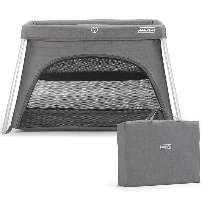 HARPPA Travel Crib with Comfy Mattress, Lightweight Portable Crib Requires No Assembly, Foldable Pack and Play for Baby and Toddlers, Compact Play Yard with Bed,Gray