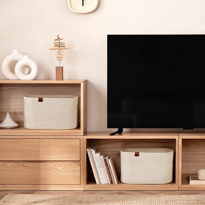 UBBCARE 2 Pack Baskets for Organizing, Woven Storage Baskets with Label for Toys and Towel, Rectangle Cotton Rope Basket with Handles, 15''L x10''W x9''H, Off-White