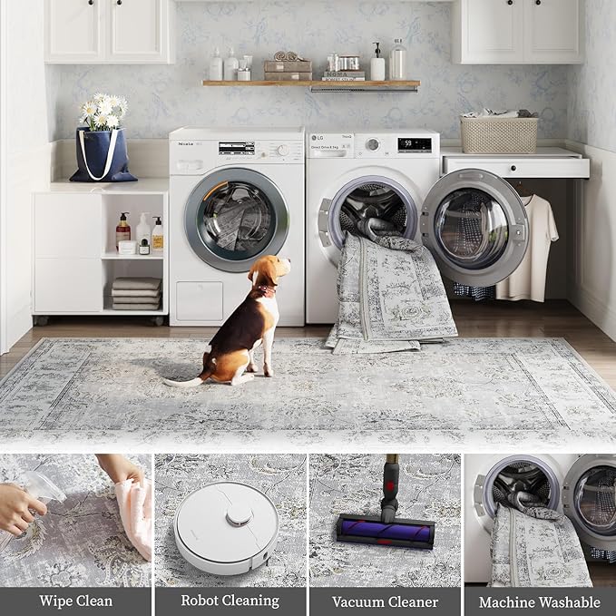 jinchan Runner Rug 3x8-2pcs Kitchen Washable Vintage Rug Hallway RugFloral Print Floor Cover Indoor Thin Retro Mat Accent for Bathroom Laundry Room Bedroom Office Farmhouse (Double,Grey)