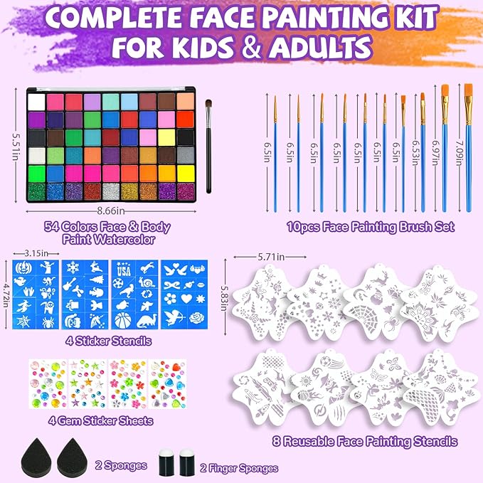 Professional Face Painting Kit for Kids – 54 Color Water Activated Facepaint Makeup Kit, Non-Toxic face Paint with Stencils, Gems, Brushes– for Halloween, Parties, Carnival, School Event & Festivals