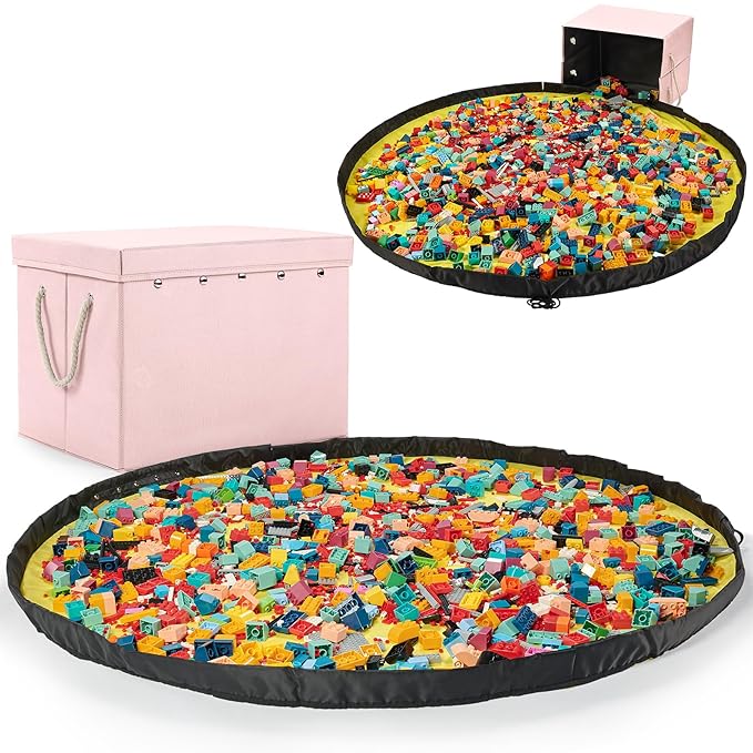 Kids Toy Box Chest Storage with Lid and Big Play Mat for Boys and Girls,Collapsible Fabric Toy Building Bricks Storage Container Organizer Bin with Rug for Playroom and Nursery Organization