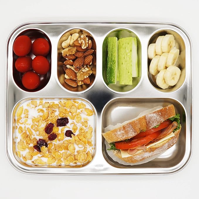 Korean Stainless Steel Divided Plates, Food Grade 304 Tray for Kids, Teens, Adults, Picky Eaters, BPA Free, 6 Sections, Diet Portion Control, Serving Platter, Dinner Snack, Set of 2