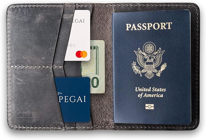 PEGAI Personalized Leather, Passport Holder For Travel | Handmade Passport Wallet Cover Case | Travel Document Holder, Passport Cover for Men, Women, and Family | Pike (Rock Grey)