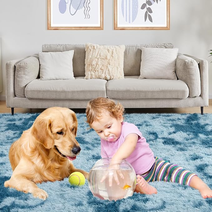 Area Rugs 8x10, Fluffy Rugs for Living Room, Ultra Soft Rugs for Bedroom, Non-Slip Indoor Carpet for Nursery, Kids Room, Playroom, Home Decor, Tie-Dyed Blue