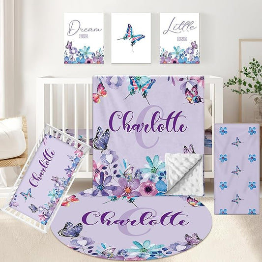 Personalized 5-Piece Crib Set, Custom Bedding With Name for Girls, Purple Butterfly Nursery Set, Gifts for Infants, Toddlers, New Parents