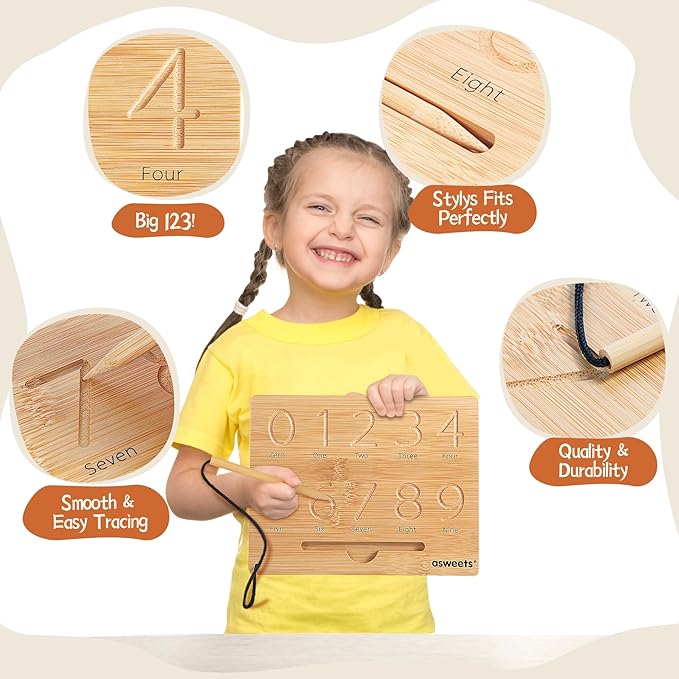 Asweets Montessori Wooden Number Practicing Board, Double-Sided Tracing Board and Shape RecognitionTool to Writing 123 Educational Toy Game for Preschool 3 4 5 Years Old Gifts
