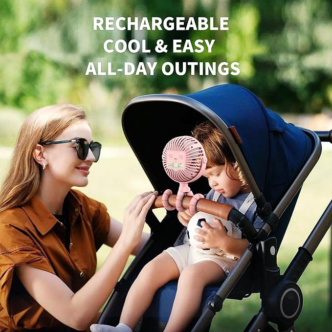 AMACOOL Battery Operated Stroller Fan Flexible Tripod Clip On Fan with 3 Speeds and Rotatable Handheld Personal Fans for Car Seat Crib Bike Treadmill (Pink)