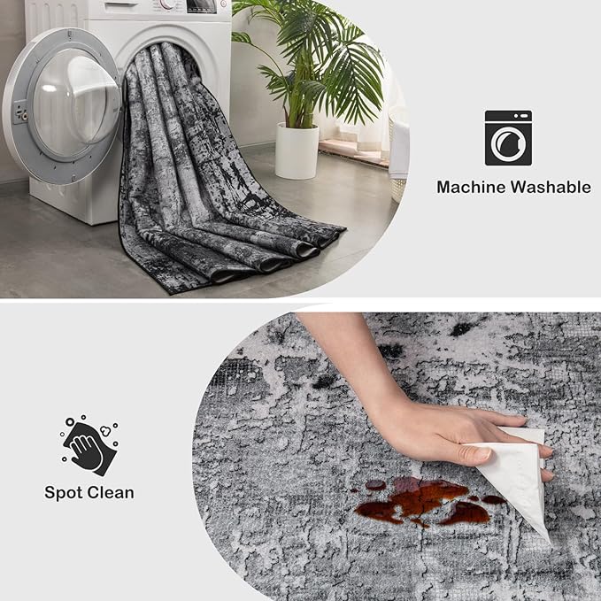 Area Rug Living Room Rug, 4x6 Modern Abstract Washable Rug Black Non Slip Foldable Faux Wool Vintage Carpet, Fluffy Non-Shedding Rugs for Living Room, Bedroom, Dining Room, Kids Playroom