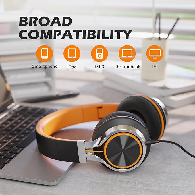 Kids Headphones, Headphones Wired with Microphone and Volume Control Folding Stereo Corded On-Ear 3.5mm Headset for Boys Girl Cellphones Tablets Chromebook Laptop Computer (Black/Orange)