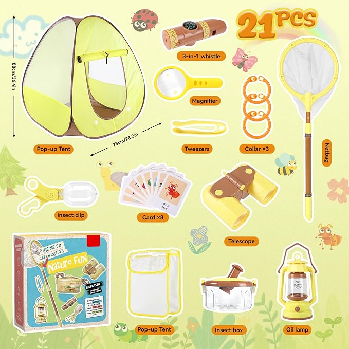 STEM Outdoor Exploration Kit for Kids Ages 3-12, 21PCS Bug Catcher Set with Pop-Up Tent Binoculars Magnifying Glass Camping Adventure Educational Toys Gift for Boys Girls Bug Catcher Kit for Toddlers