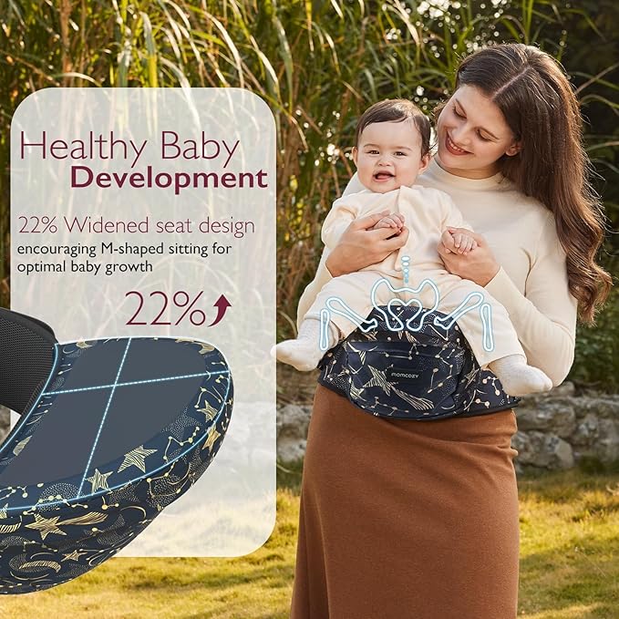 Momcozy Hip Seat Baby Carrier - Adjustable Waistband with Original 3D Belly Protector, Ergonomic Carrier with Various Pockets for Newborns & Toddlers up to 45lbs (Starry Sky, Medium)