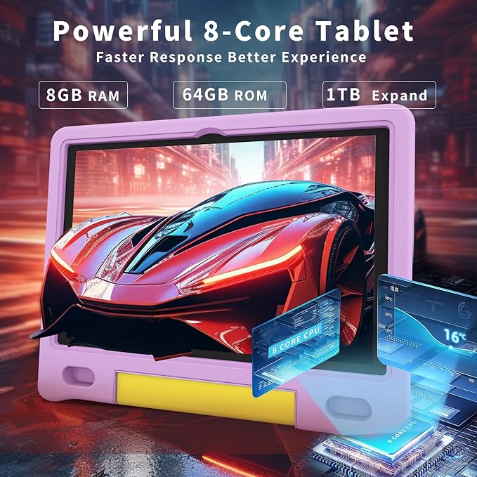 Kids Tablet with Strap, Android 14 Tablet for Kids 10 inch, Toddler Tablets Octa-Core 64GB 1TB Expandable, Children's Tablets with Case, Bluetooth WiFi Parental Control Dual