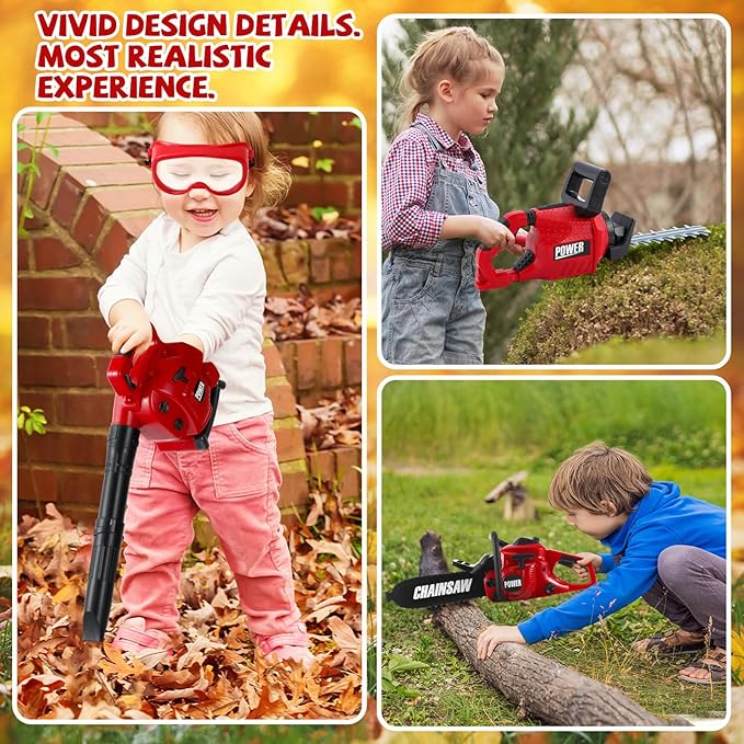 3 Pcs Toy Gardening Tool Set for Kids Toy Leaf Blower Hedge Trimmer Chainsaw Pretend Play Set with Lights and Sounds Birthday for Boys Girls