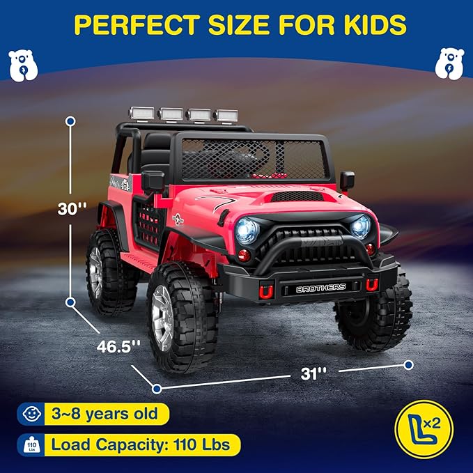 L8 2 Seater Ride On Car, 12V Kids Electric Car w/Remote Control, 4-Wheel Suspension, Bluetooth Speaker, Multi Music Modes, 3 Speeds, LED Lights, Xmas & Birthday Gift Ideas for Kids Ages 3+