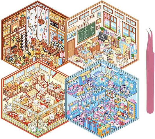 DIY 3D Sticker Scene 4 Sets of Scene Stickers Make Your Own Mini Shop Sticker Cute Miniature Cartoon Therapy Stickers for Kids Adult