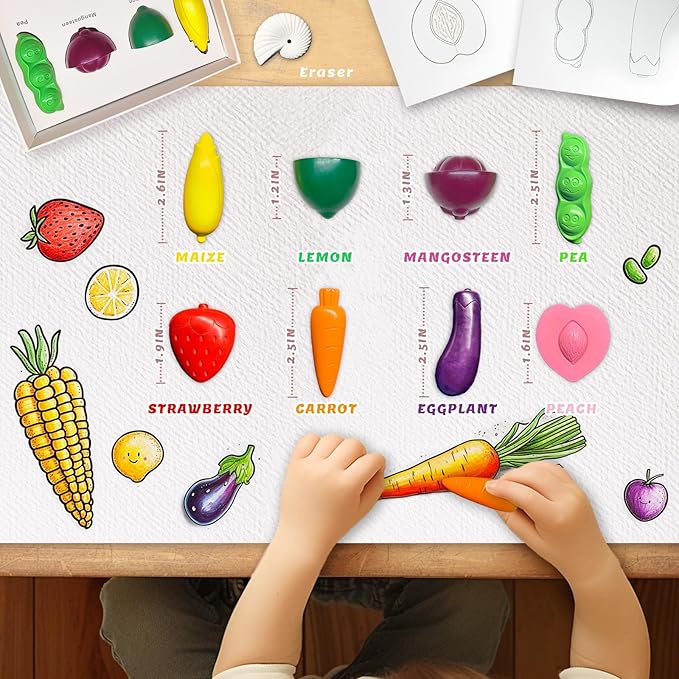 R&DLanci Toddler Crayons 8 Count, Non Toxic Washable Crayons for Toddlers, Unbreakable Easy-Grip Vegetable & Fruit Shaped Crayon for Little Hands, Toddler Coloring Art Christmas Gift