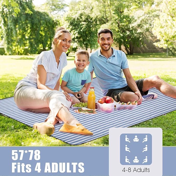 Picnic Outdoor Blankets Waterproof Extra Large - Beach Mat Sand Free Foldable with Carry Strap | Portable Camping Blanket | Park Blanket for Grass , Hiking, Travel, Concerts, Indoor (Cerulean Blue)